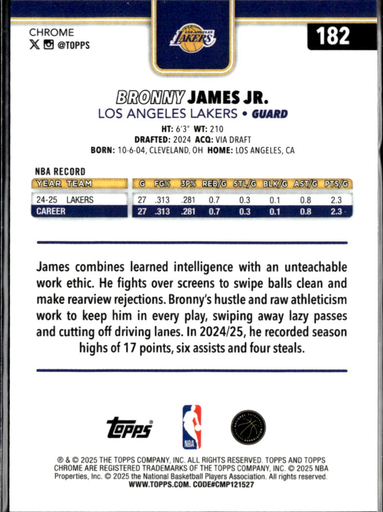 Bronny James Jr. 2025 Topps Chrome Gold /50 Los Angeles Lakers
