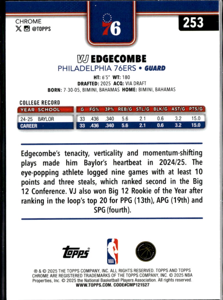 VJ Edgecombe 2025 Topps Chrome RC Wave Refractor Philadelphia 76ers