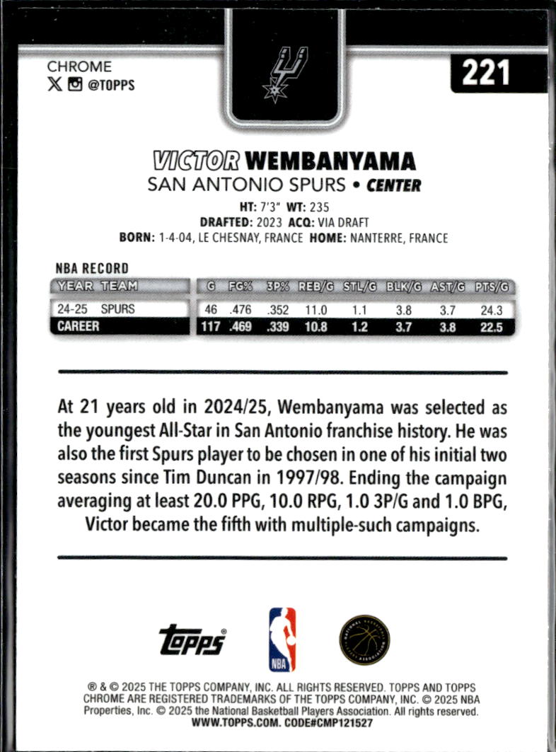 Victor Wembanyama 2025 Topps Chrome Yellow San Antonio Spurs