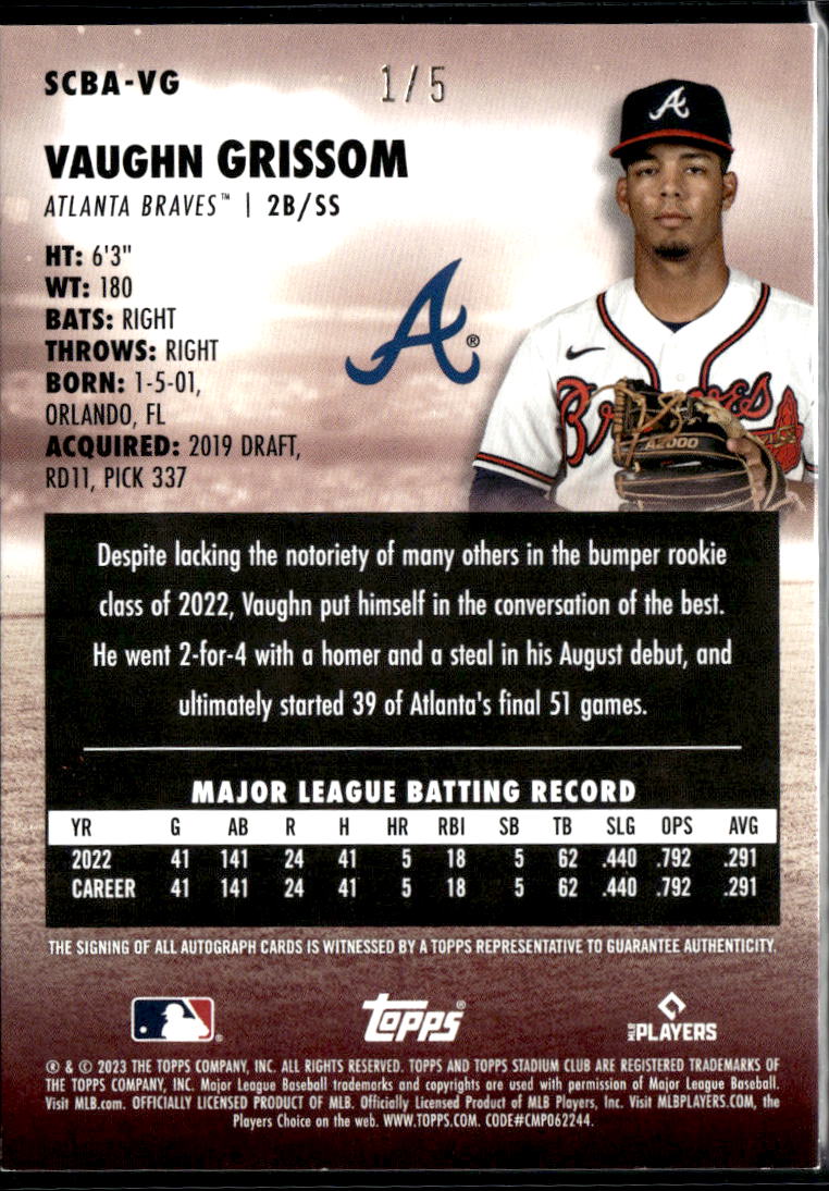 Vaughn Grissom 2023 Topps Stadium Club Auto Autograph RC 1/5 Atlanta Braves