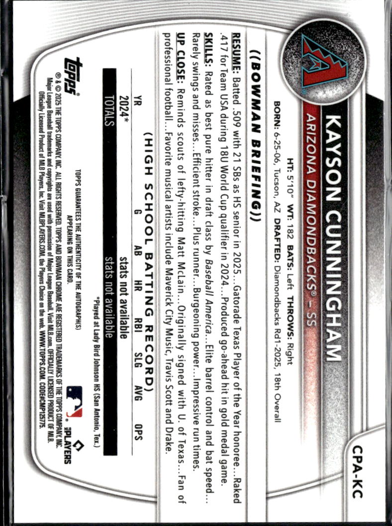 Kayson Cunningham 2025 Bowman Chrome 1st Auto Autograph /250 Diamondbacks