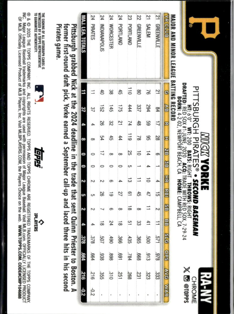 Nick Yorke 2025 Topps Chrome Auto Autograph Green Logofractor 93/99 Pirates