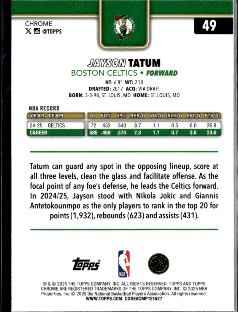 Jayson Tatum 2025-26 Topps Chrome Negative Refractor Boston Celtics
