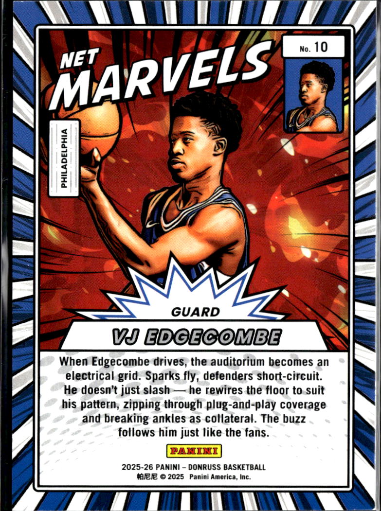 VJ Edgecombe 2025 Donruss Net Marvels Blue Rookie RC 36/49 Philadelphia 76ers