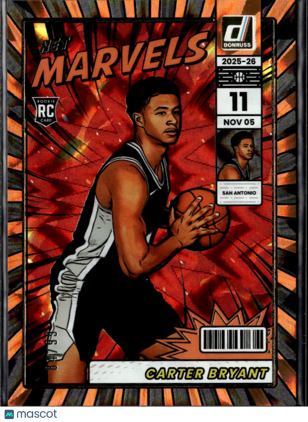Carter Bryant 2025 Donruss Net Marvels Orange RC 84/99 San Antonio Spurs