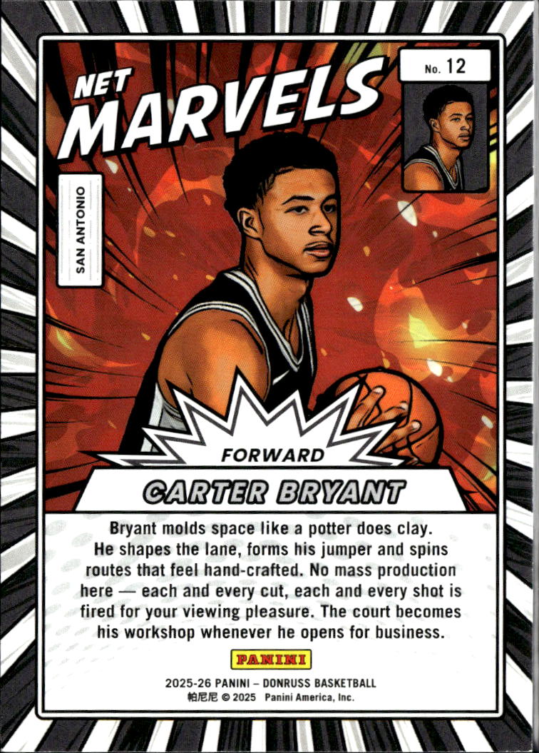 Carter Bryant 2025 Donruss Net Marvels Orange RC 84/99 San Antonio Spurs