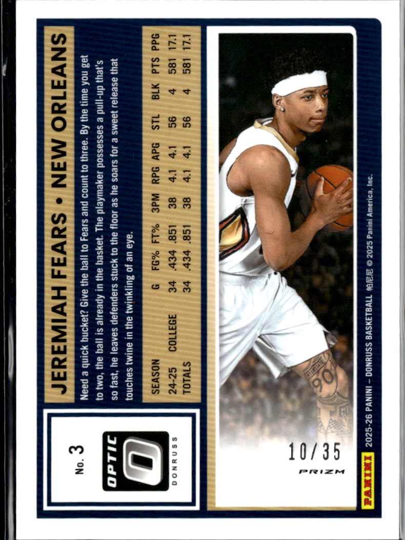 Jeremiah Fears 2025 Optic Rated Rookie Black Prizm RC 10/35 Pelicans