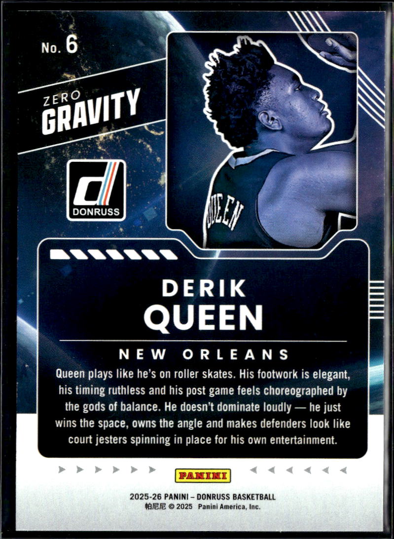 Derik Queen 2025 Donruss Zero Gravity Orange Rookie 23/99 New Orleans Pelicans