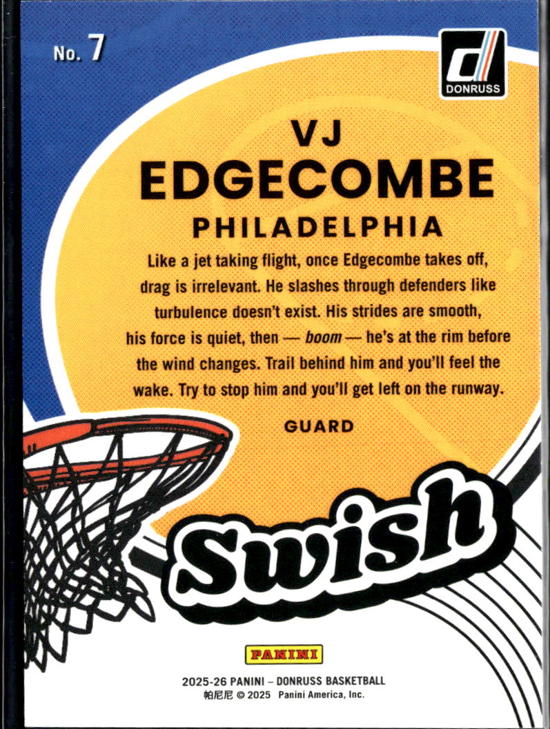 VJ Edgecombe 2025 Donruss Swish Rookie RC 92/125 Philadelphia 76ers