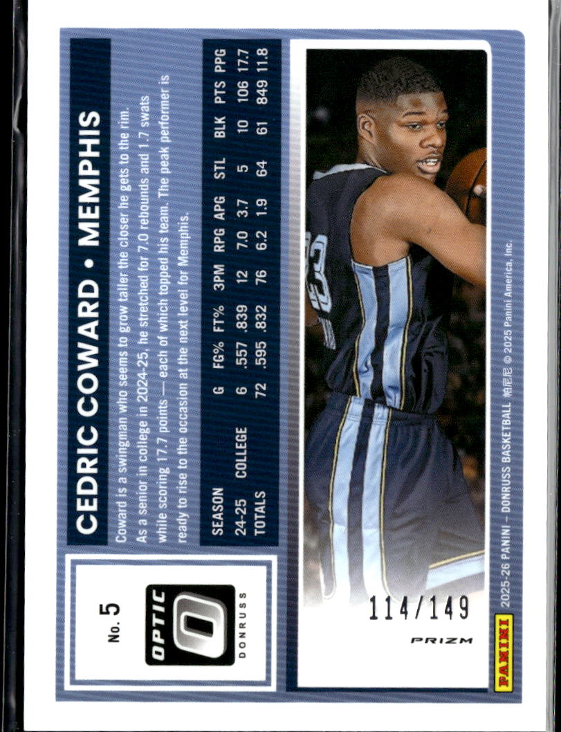Cedric Coward 2025 Optic Rated Rookie Stars Prizm 114/149 Memphis Tigers