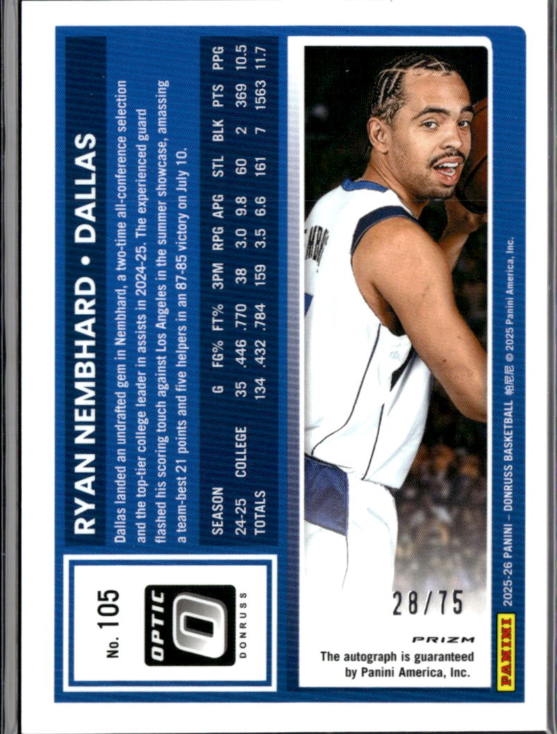Ryan Nembhard 2025 Panini Donruss Optic Prizm Auto Red /75 Dallas