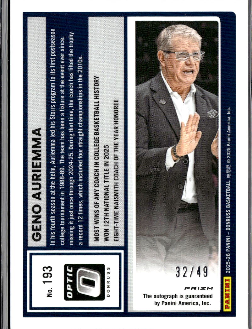 Geno Auriemma 2025 Optic Auto Autograph Holo 32/49 UConn Huskies