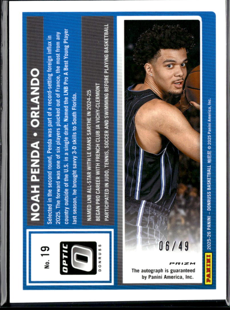 Noah Penda 2025 Optic Rated Rookie Auto Autograph Blue 6/49 Orlando Magic