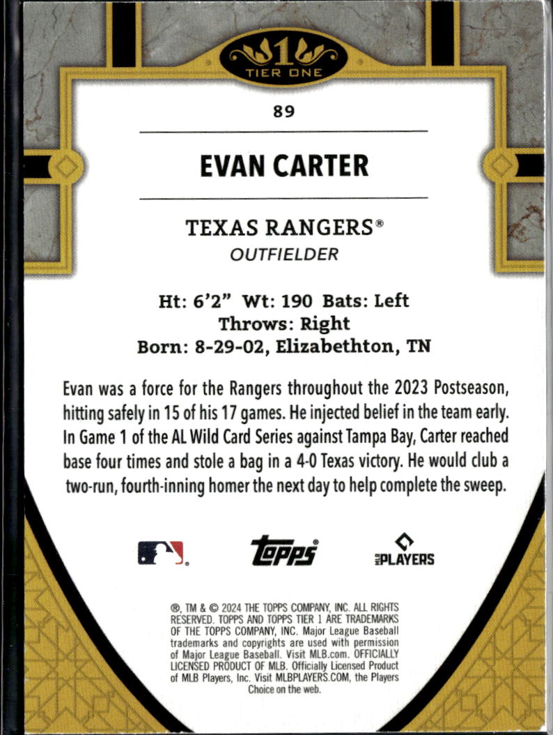 Evan Carter 2024 Topps Tier One RC Rookie Blue 57/125 Texas Rangers