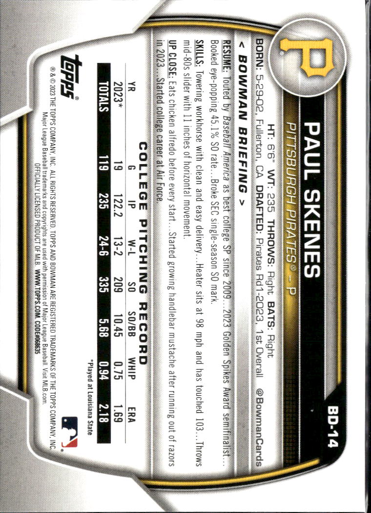 Paul Skenes 2023 Bowman Draft 1st Rookie RC Pittsburgh Pirates