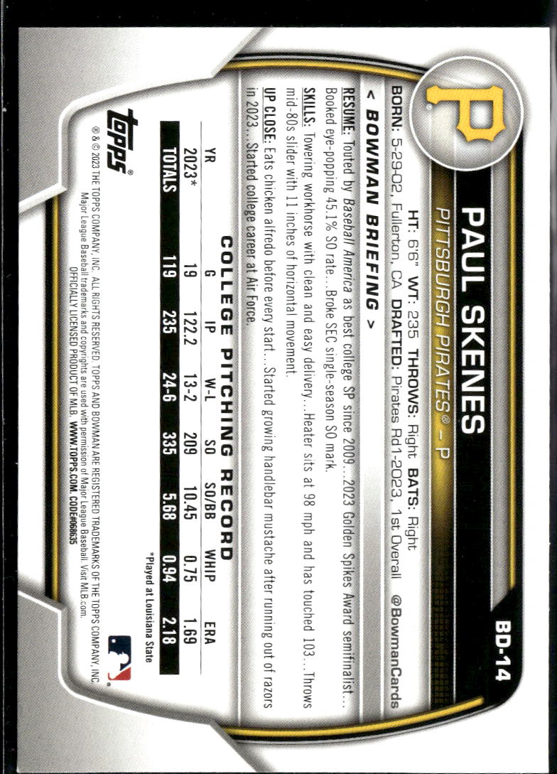 Paul Skenes 2023 Bowman Draft 1st Rookie RC Pittsburgh Pirates