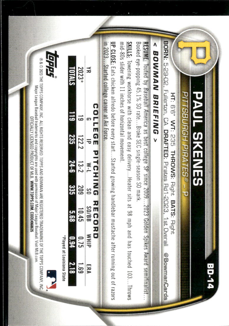 Paul Skenes 2023 Bowman Draft 1st Rookie RC Pittsburgh Pirates