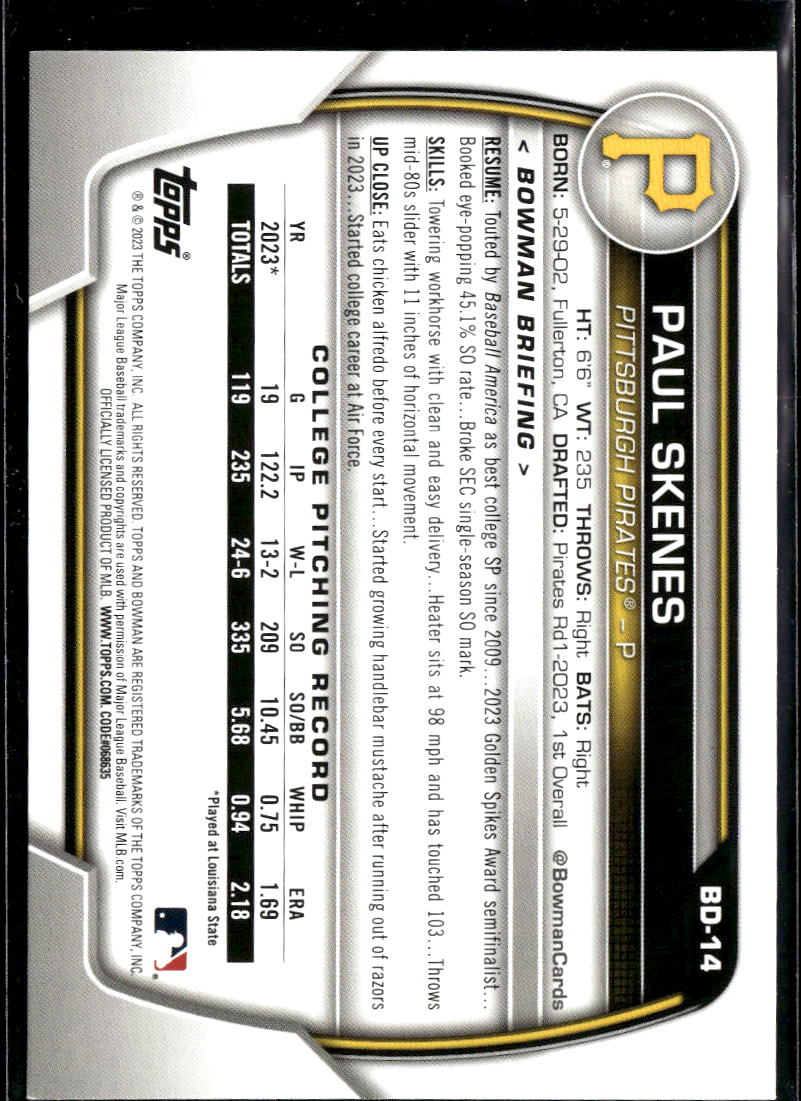 Paul Skenes 2023 Bowman Draft 1st Rookie RC Pittsburgh Pirates