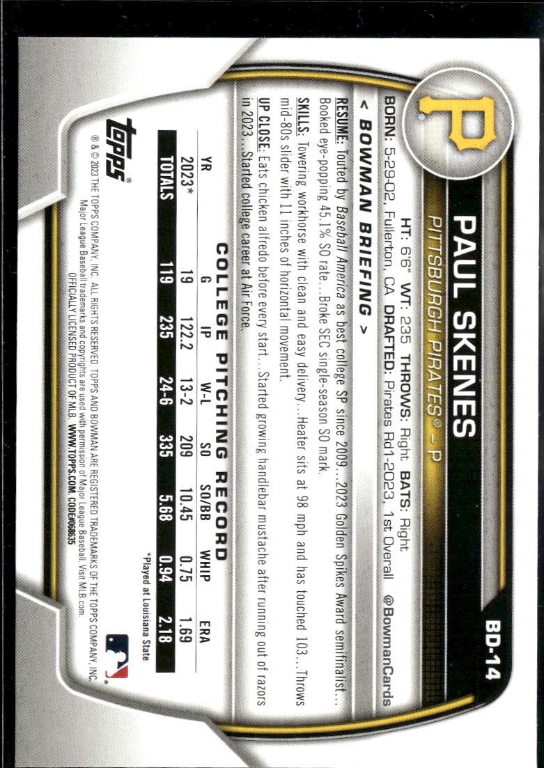Paul Skenes 2023 Bowman Draft 1st Rookie RC Pittsburgh Pirates