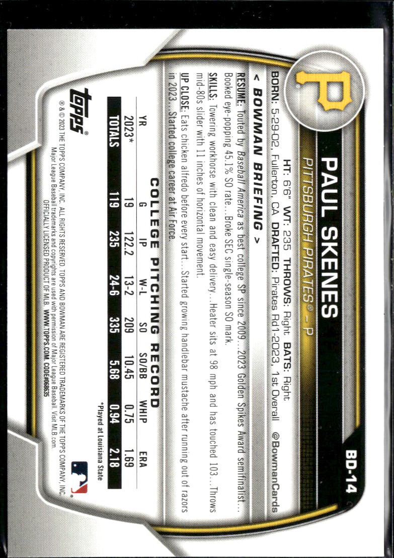 Paul Skenes 2023 Bowman Draft 1st Rookie RC Pittsburgh Pirates