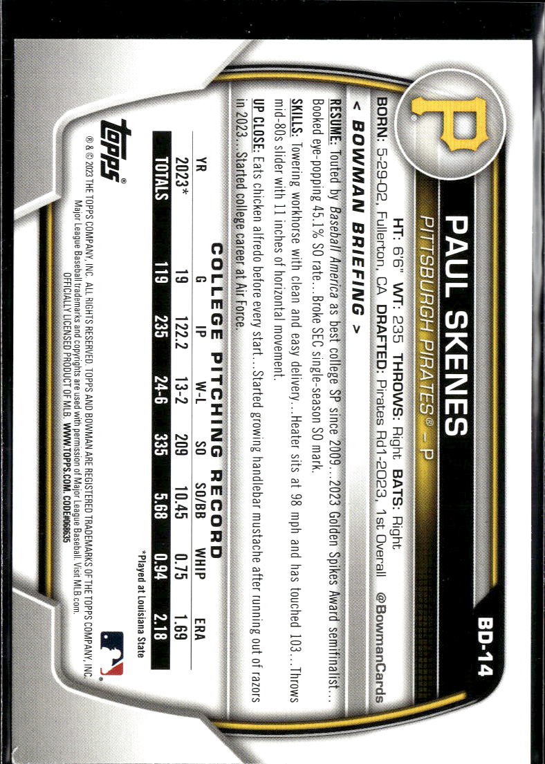 Paul Skenes 2023 Bowman Draft 1st Rookie RC Pittsburgh Pirates