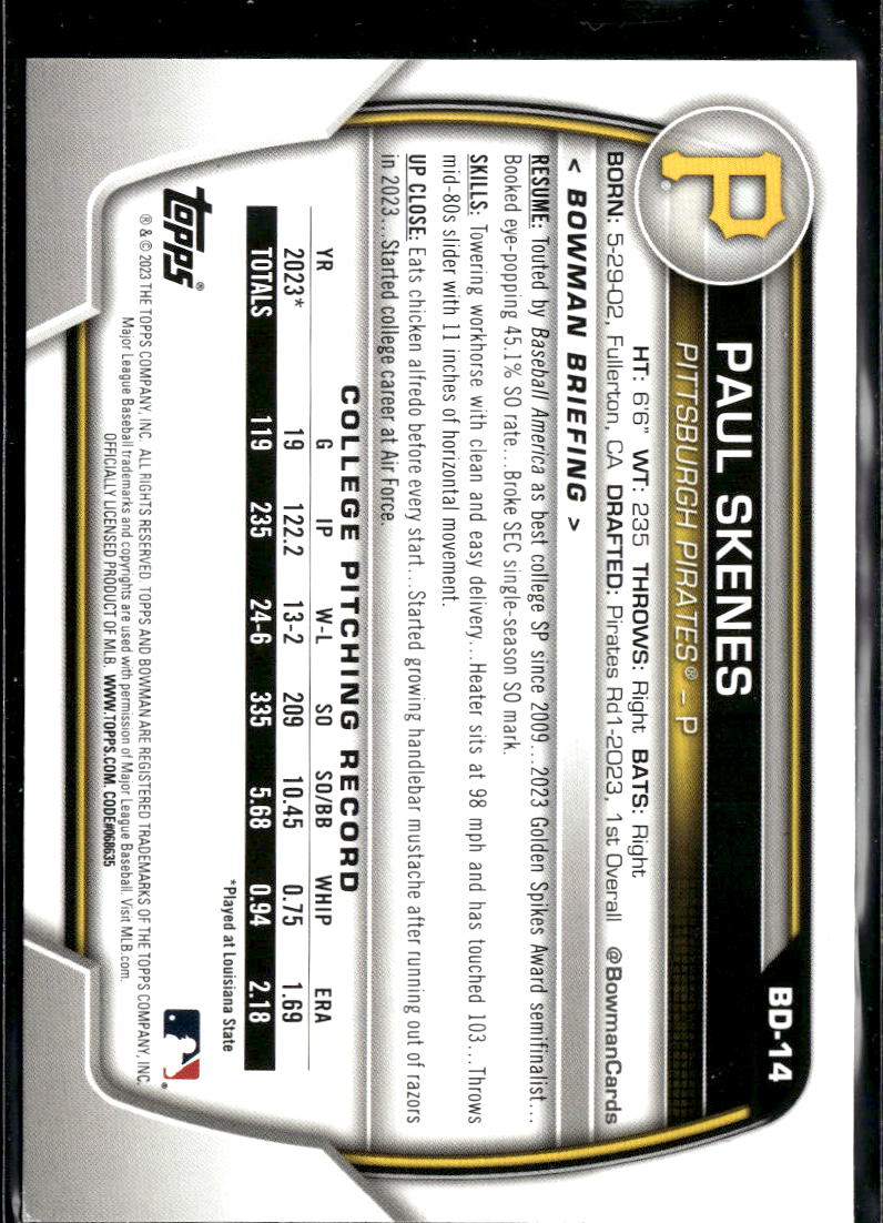 Paul Skenes 2023 Bowman Draft 1st Rookie RC Pittsburgh Pirates