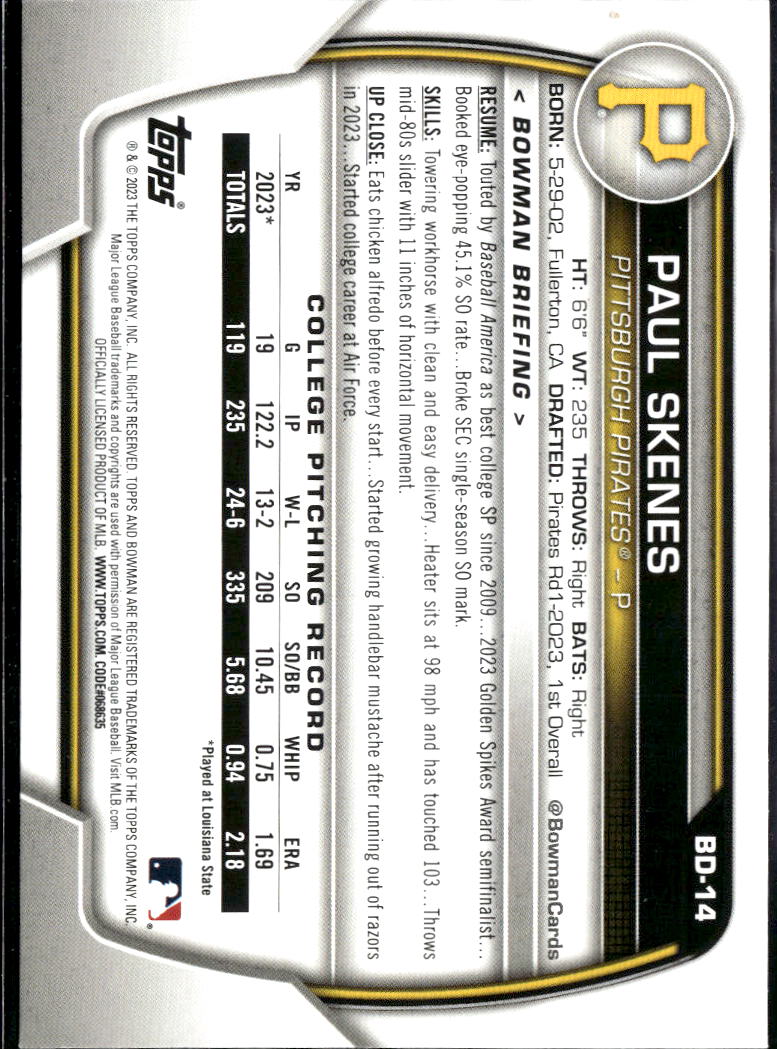 Paul Skenes 2023 Bowman Draft 1st Rookie RC Pittsburgh Pirates