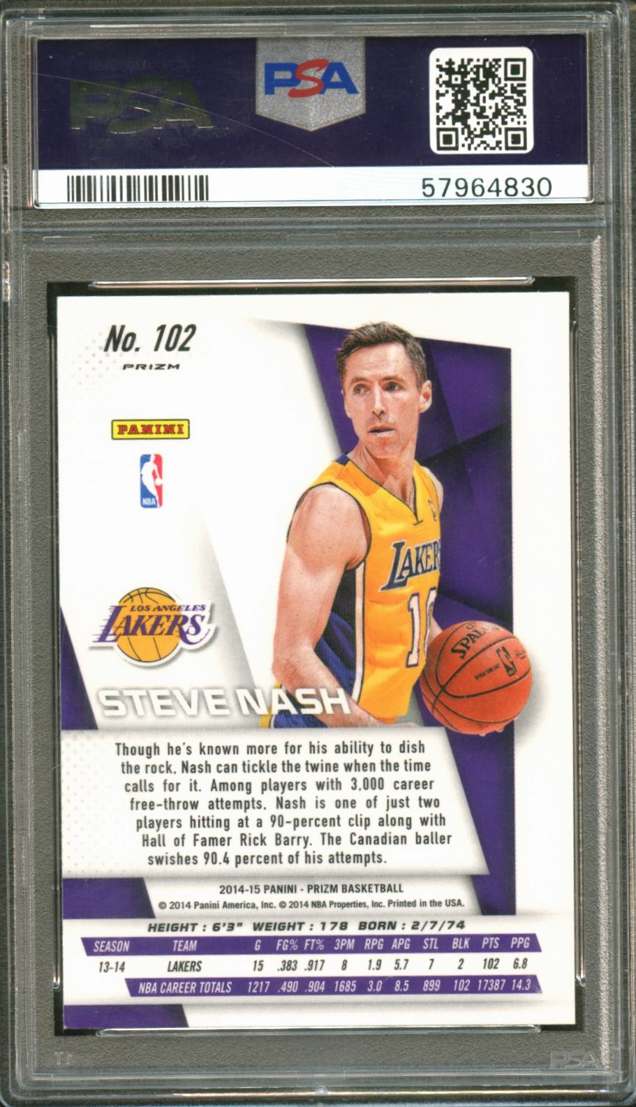 Steve Nash 2014-15 Prizm Red White Blue Pulsar Prizm Los Angeles Lakers PSA 9