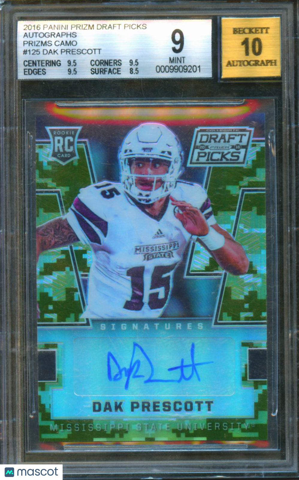 Dak Prescott 2016 Prizm Draft Camo Auto Autograph Rookie Cowboys 123/199 BGS 9