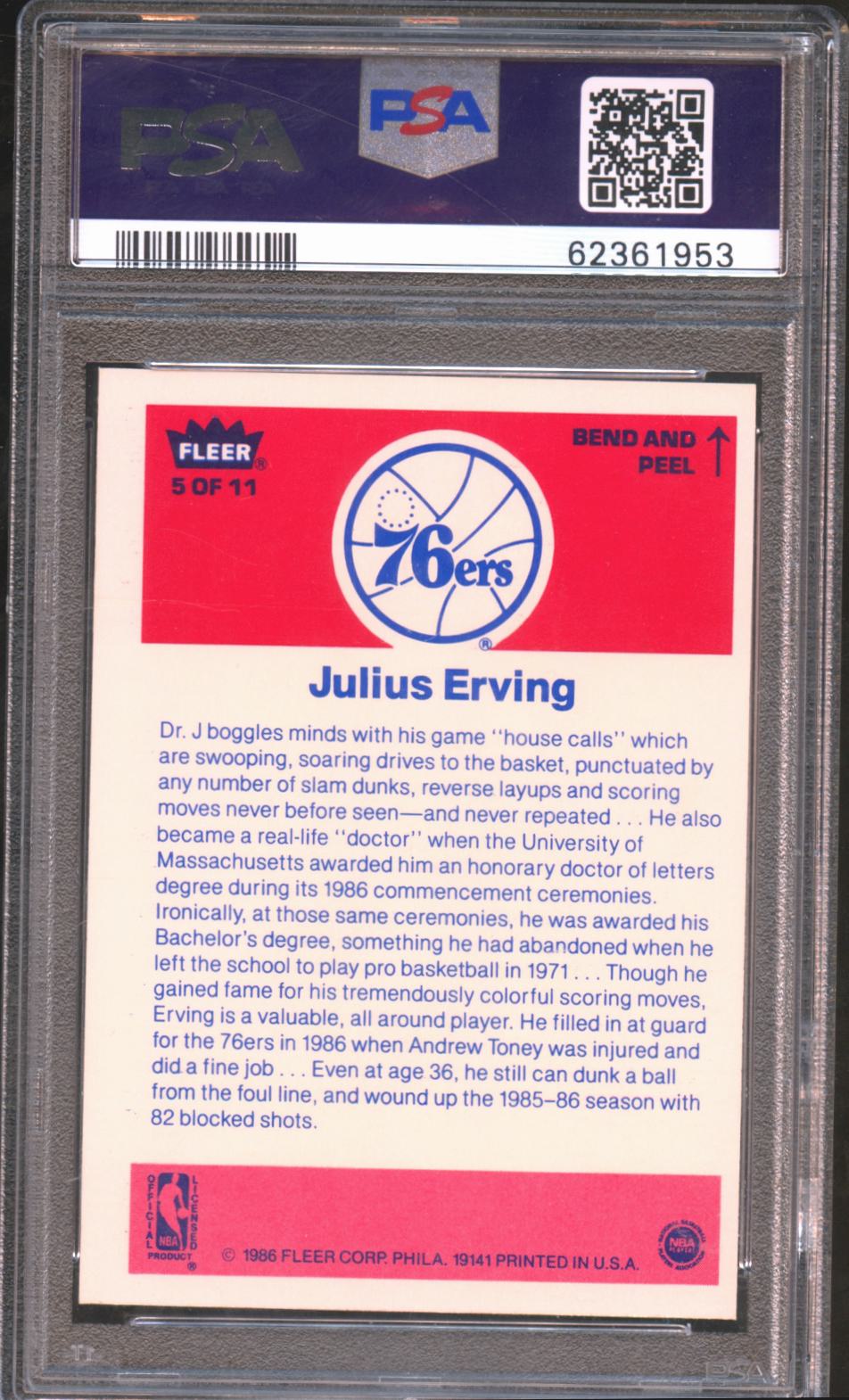 Julius Erving 1986-87 Fleer Sticker Philadelphia 76ers #5 PSA 7