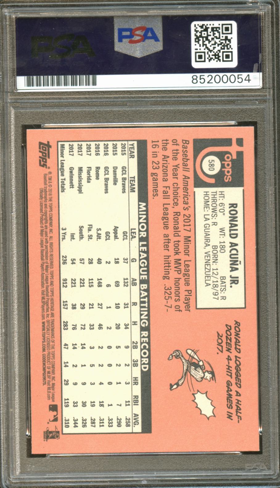 Ronald Acuna Jr. 2018 Topps Heritage Auto Autograph RC Atlanta Braves PSA DNA 10