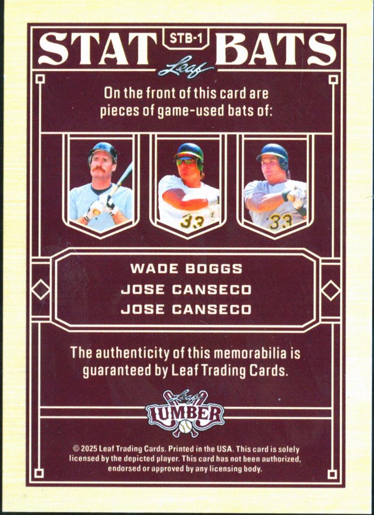 Jose Canseco / Wade Boggs 2025 Leaf Lumber Game Used Bat 6/6 Athletics Red Sox