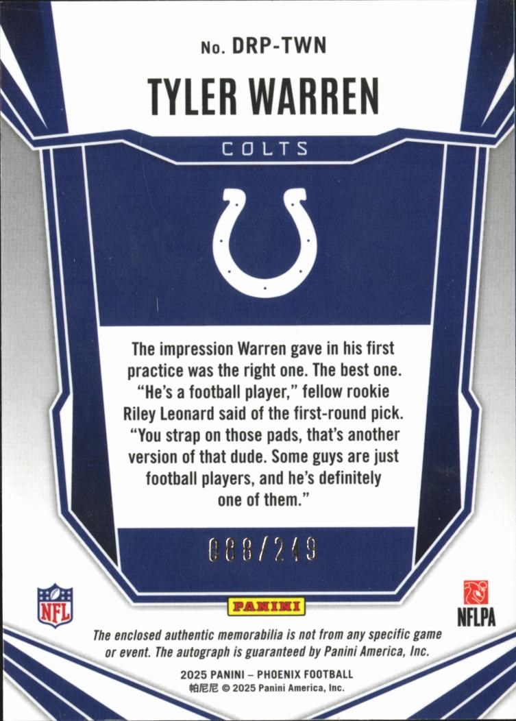 Tyler Warren 2025 Phoenix Auto Autograph Patch RC 88/249 Indianapolis Colts