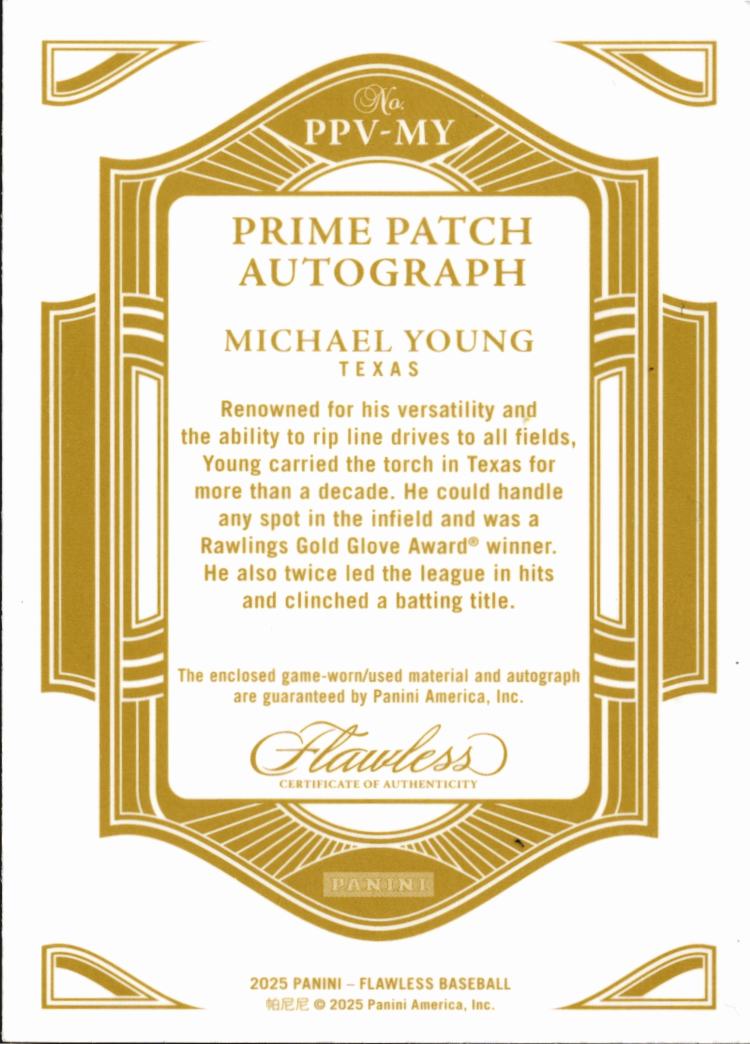 Michael Young 2025 Flawless Auto Autograph 3 Color Patch 9/10 Texas Rangers