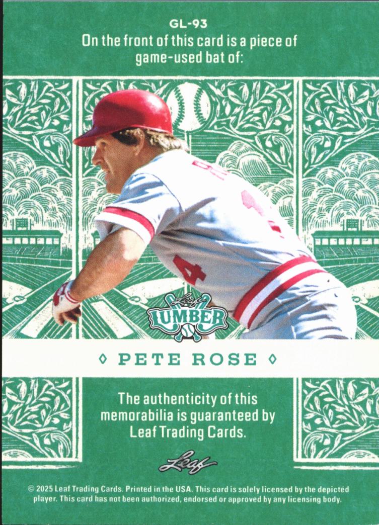 Pete Rose 2025 Leaf Lumber Game Used Bat Relic 11/15 Cincinnati Reds