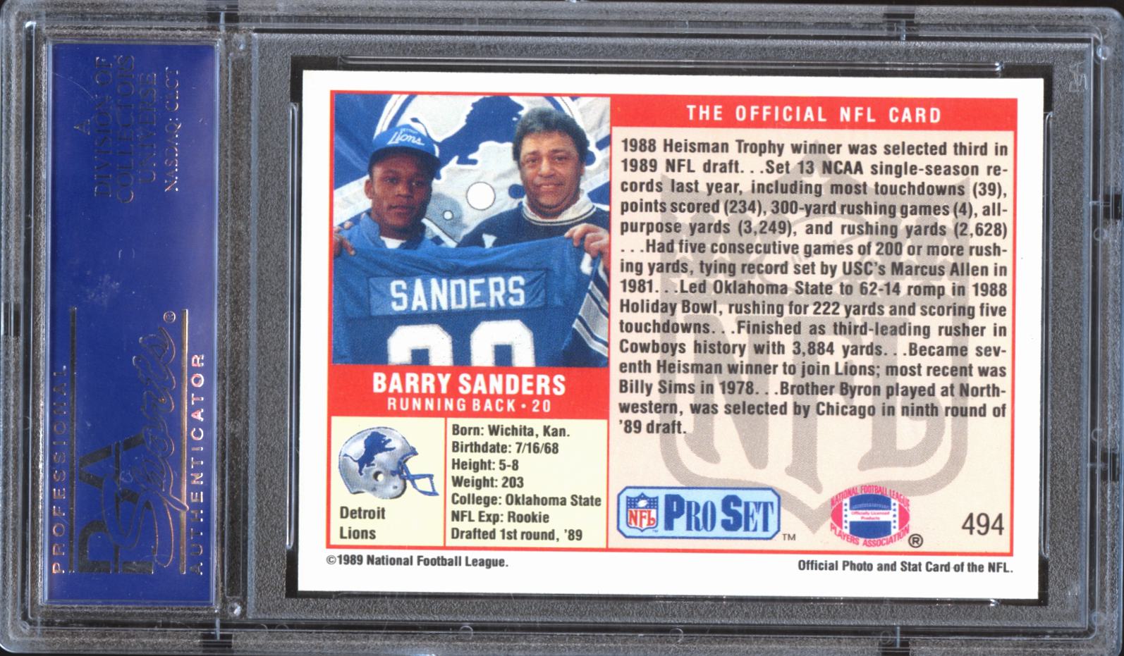 Barry Sanders 1989 Pro Set Rookie Card RC Oklahoma State Lions #494 PSA 10