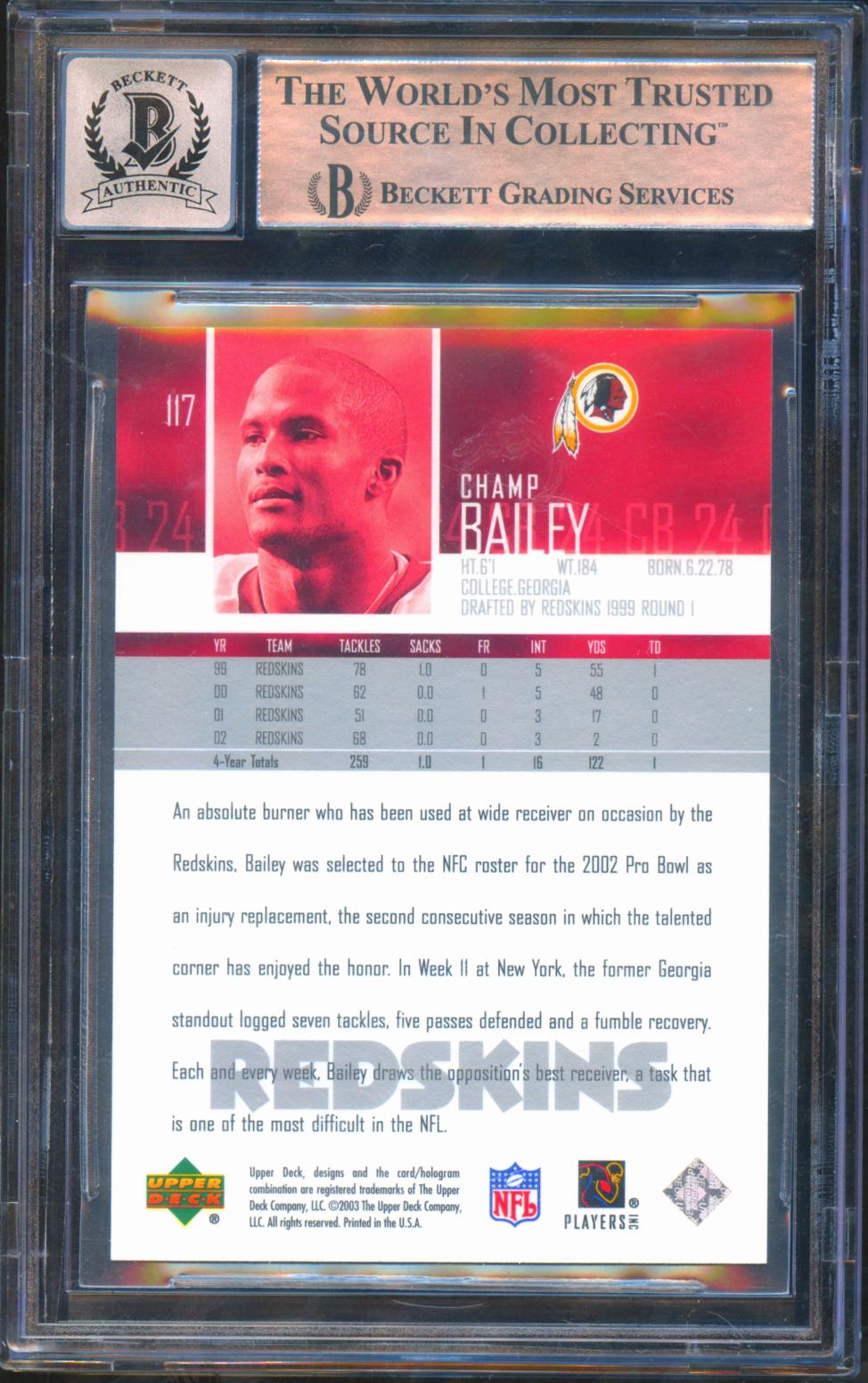 Champ Bailey 2003 Upper Deck Auto Autograph Authentic Washington Redskins