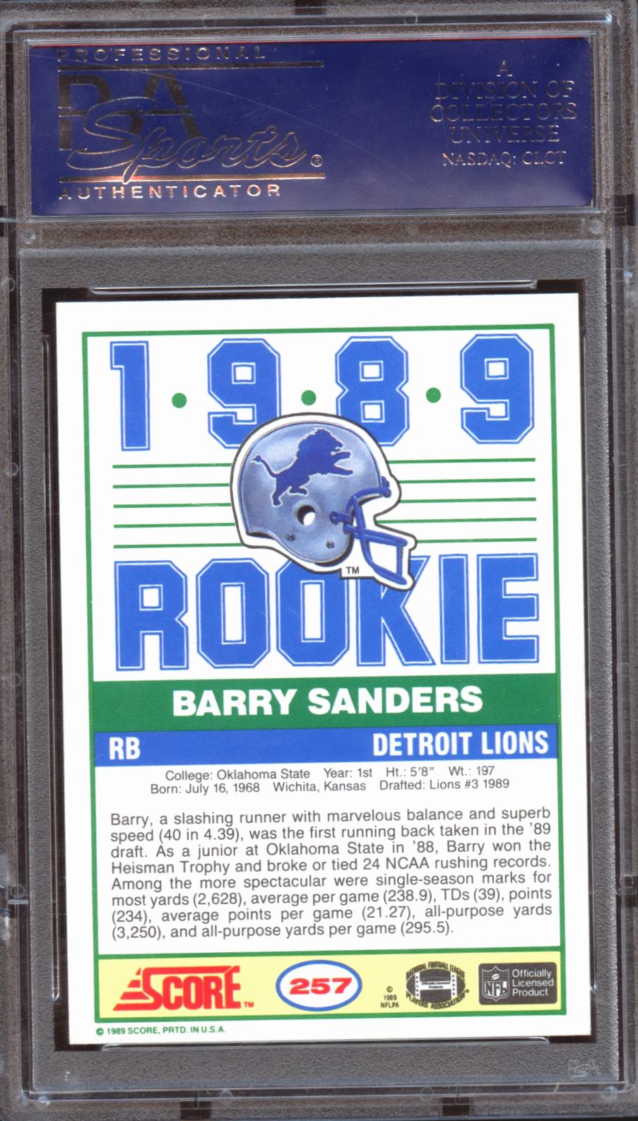 Barry Sanders 1989 Score Rookie Card RC Detroit Lions #257 PSA 10