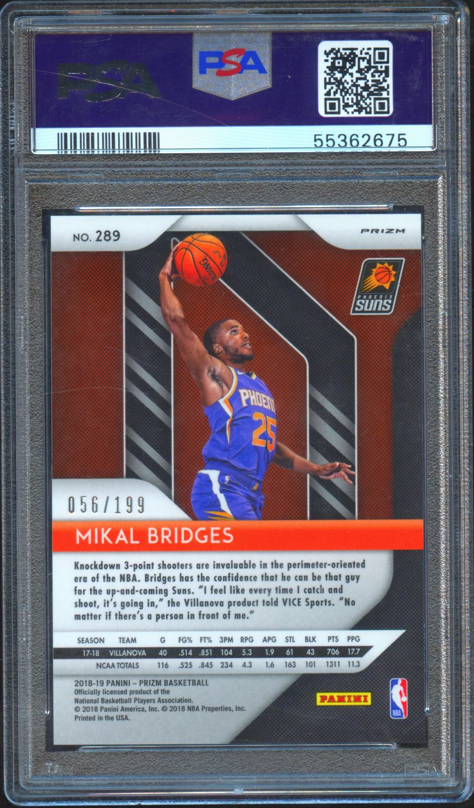 Mikal Bridges 2018-19 Prizm Blue Prizm Rookie RC Phoenix Suns 56/199 PSA 10
