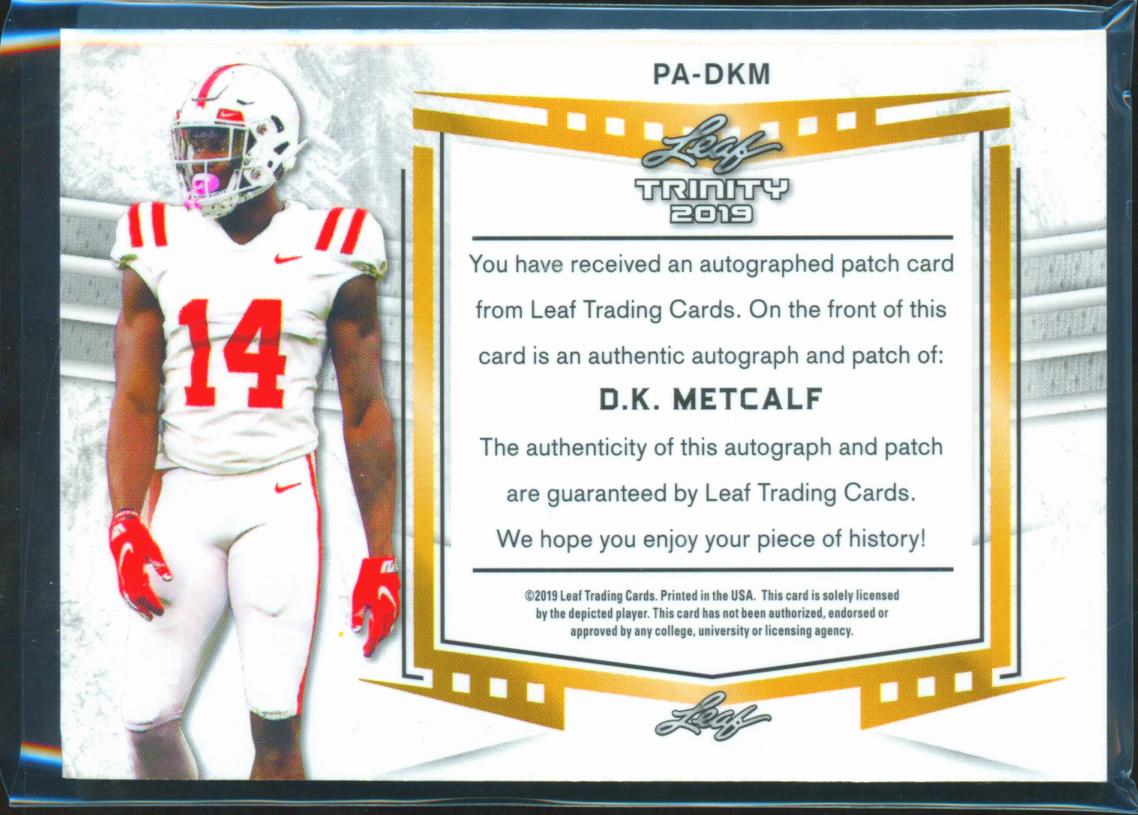 D.K. Metcalf 2019 Leaf Trinity Auto Autograph Patch Rookie RC Ole Miss Steelers