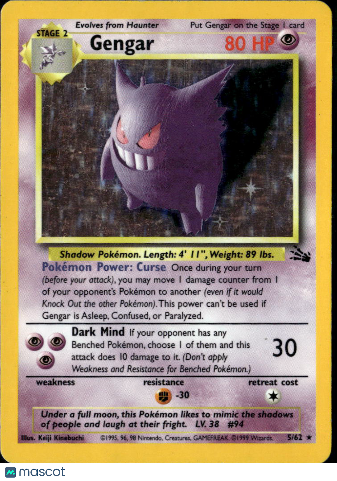 Gengar 1999 Fossil Holo Rare #5/62