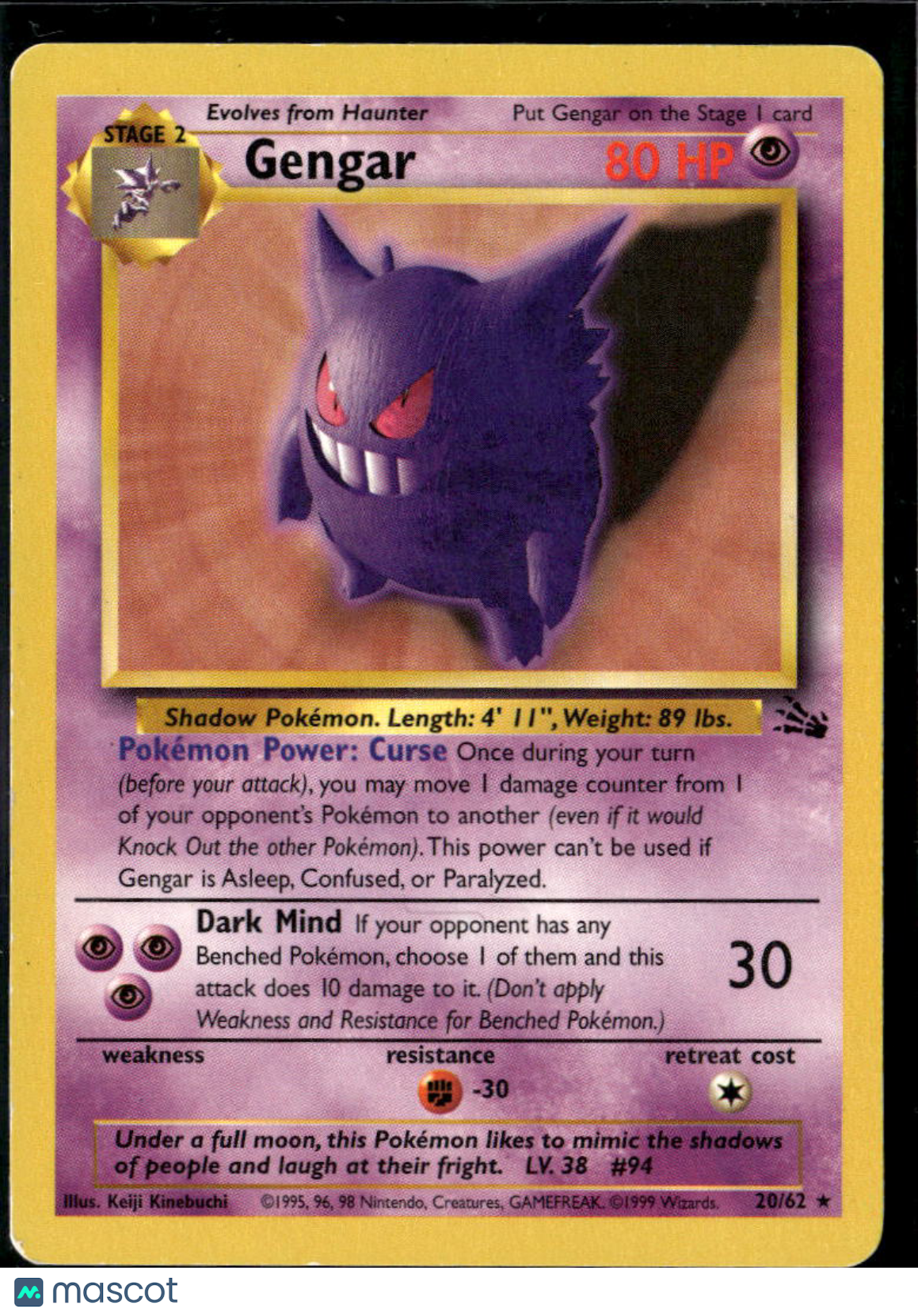 Gengar 1999 Fossil non Holo Rare #20/62