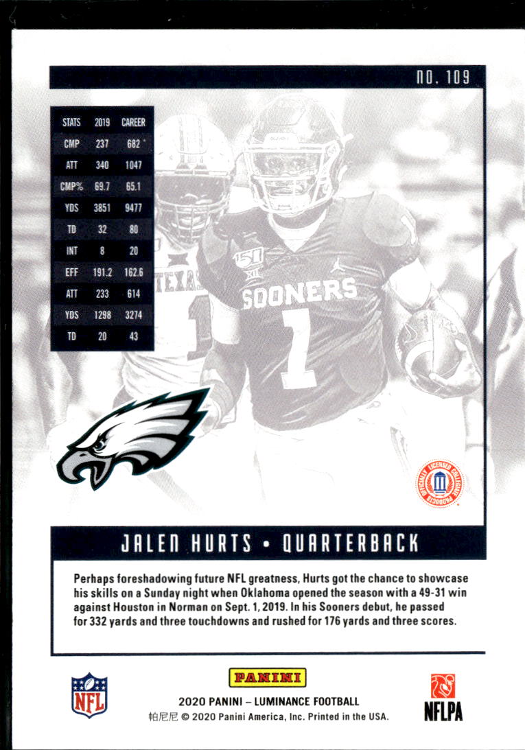 Jalen Hurts 2020 Panini Luminance Football RC /99 Philadelphia Eagles