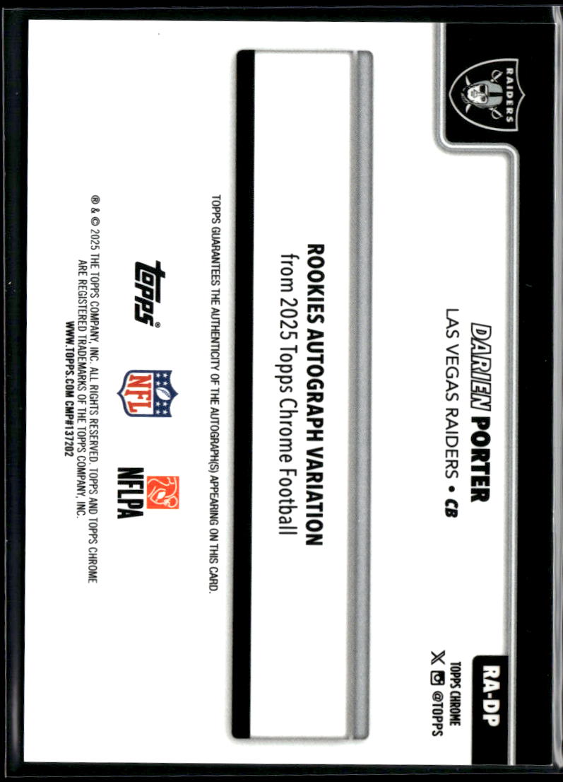 Darien Porter 2025 Topps Chrome Auto Autograph RC Green 62/99 Las Vegas Raiders