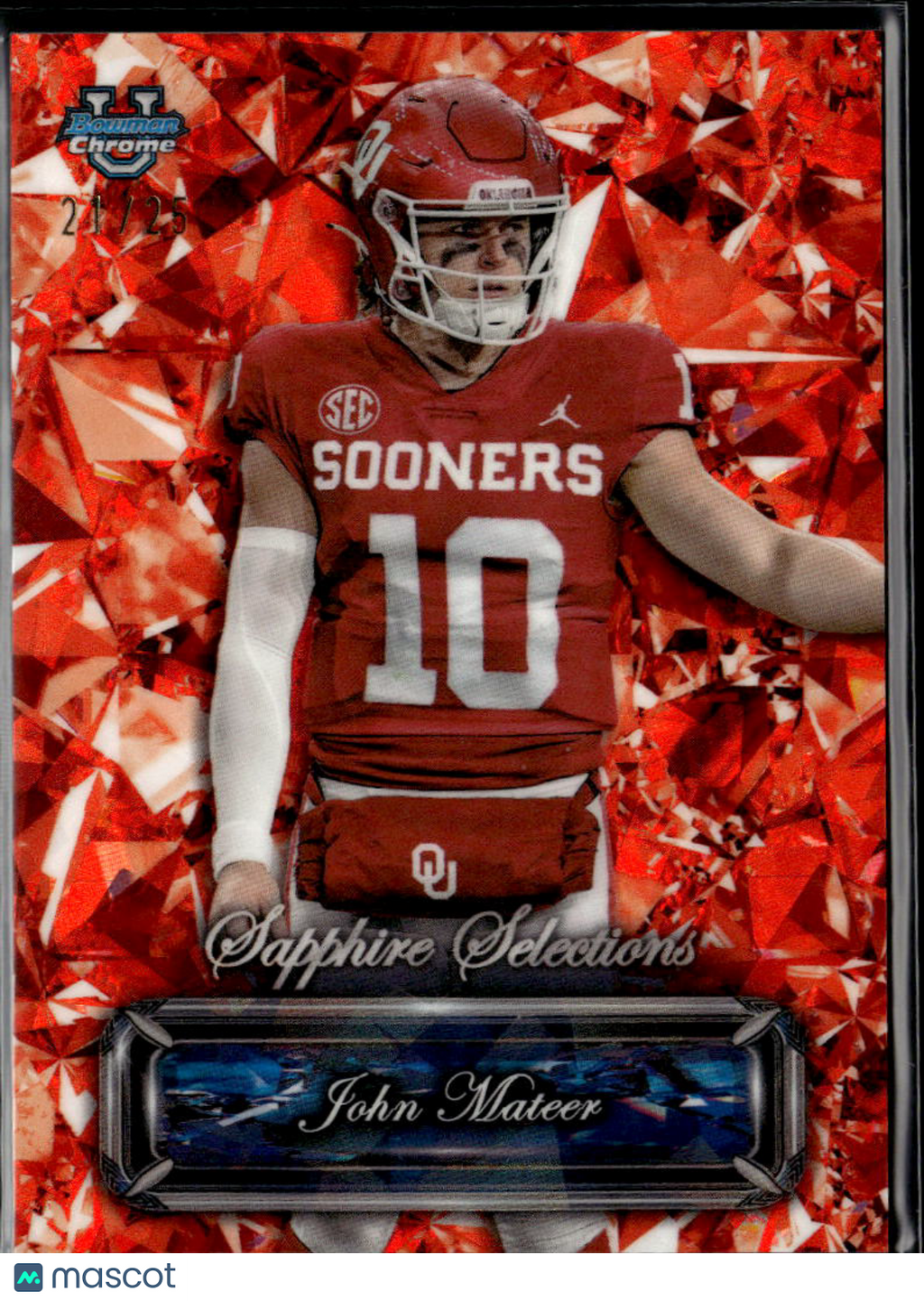 John Mateer 2025 Bowman Chrome Sapphire Selections Orange 21/25 Oklahoma Sooners