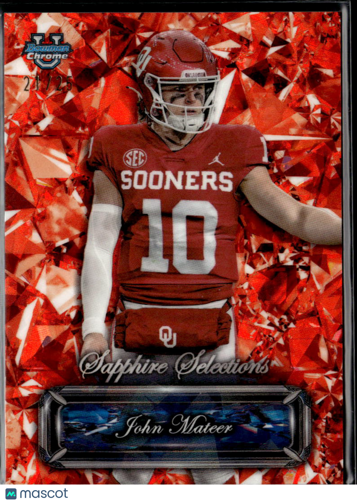 John Mateer 2025 Bowman Chrome Sapphire Selections Orange 21/25 Oklahoma Sooners