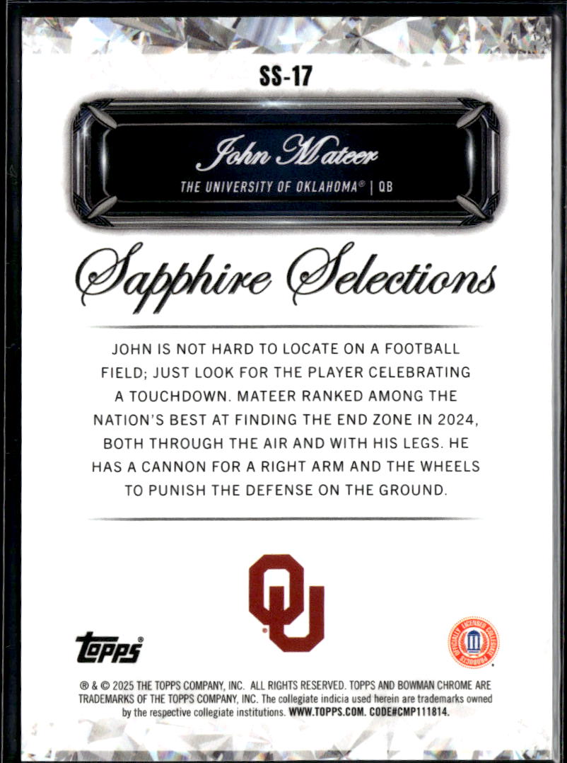 John Mateer 2025 Bowman Chrome Sapphire Selections Orange 21/25 Oklahoma Sooners