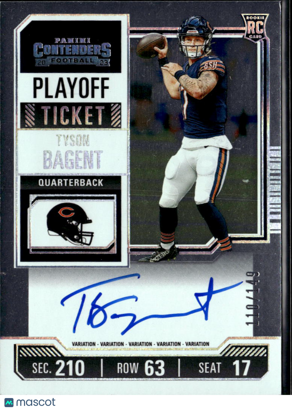 Tyson Bagent 2023 Contenders Playoff Auto Autograph RC 110/149 Chicago Bears