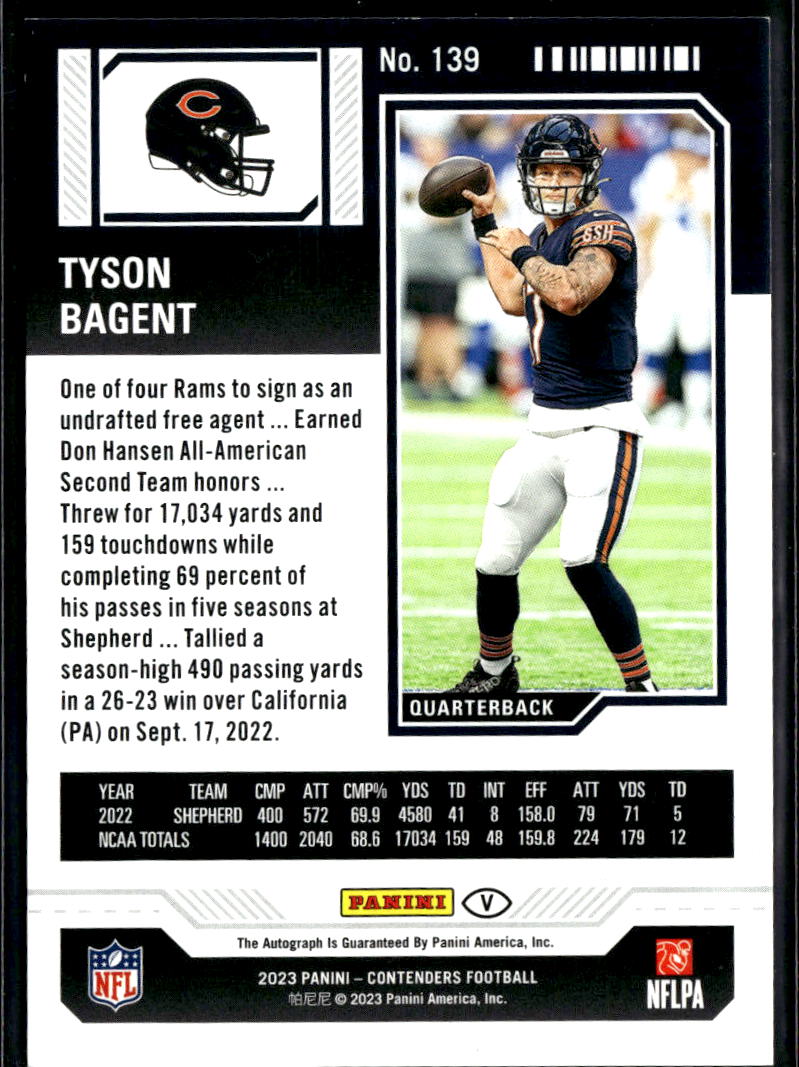 Tyson Bagent 2023 Contenders Playoff Auto Autograph RC 110/149 Chicago Bears