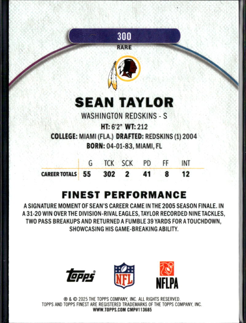 Sean Taylor 2025 Topps Finest Purple Refractor RARE 84/125 Washington Redskins